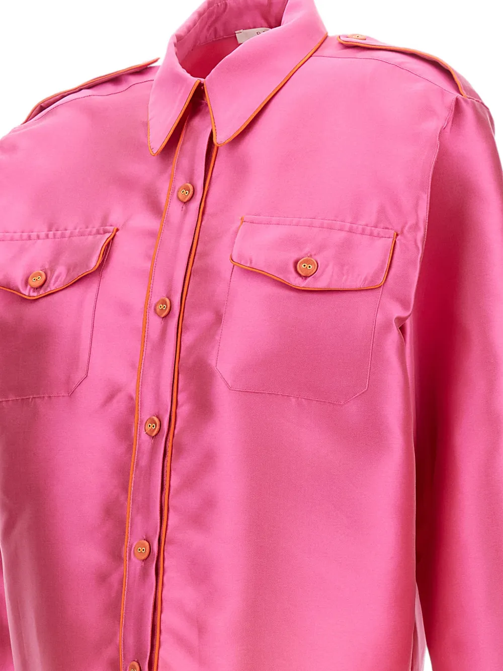 Pinag Contrast-piping Flap-pockets Silk Shirt In Pink