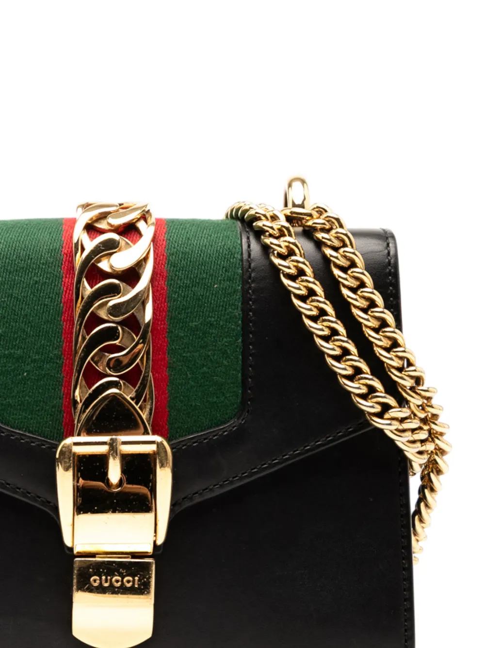 Pre-owned Gucci 2016-2025 Mini Leather Web Sylvie Chain Crossbody Bag In Black