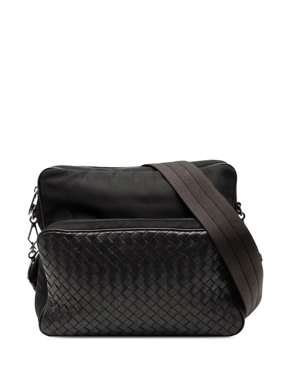 Pre-owned Bottega Veneta 2012-2025 Nappa Intrecciato Trimmed Canvas Messenger Bag Crossbody Bag In Black