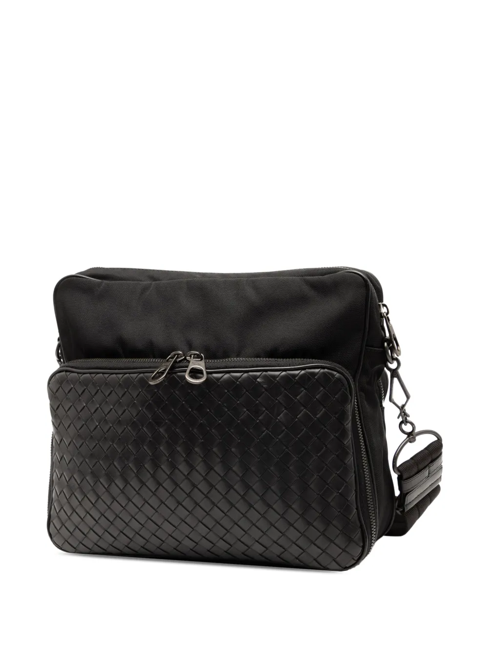 Pre-owned Bottega Veneta 2012-2025 Nappa Intrecciato Trimmed Canvas Messenger Bag Crossbody Bag In Black