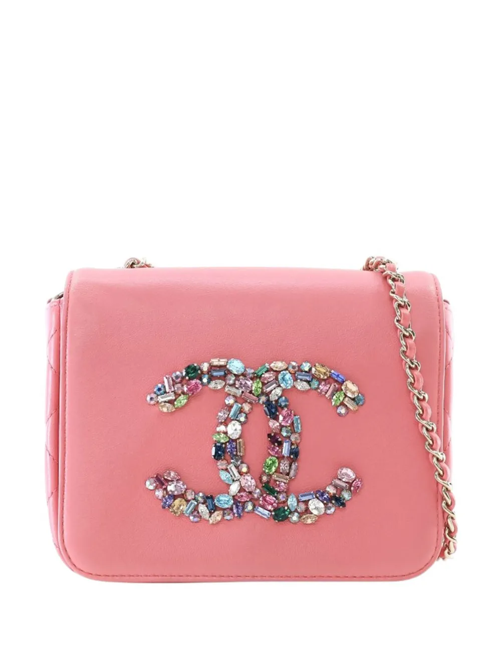 Pre-owned Chanel 2021 Mini Lambskin Giant Crystal Cc Flap Crossbody Bag In Pink