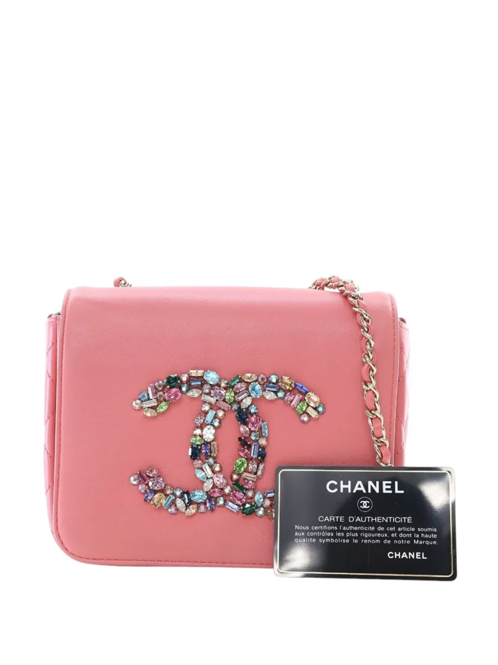 Pre-owned Chanel 2021 Mini Lambskin Giant Crystal Cc Flap Crossbody Bag In Pink