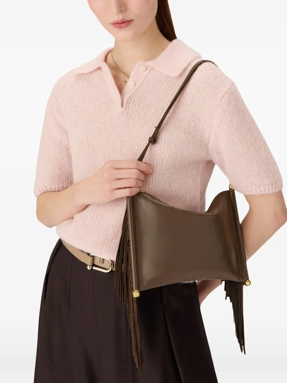 Furla XL suède schoudertas met franje Bruin