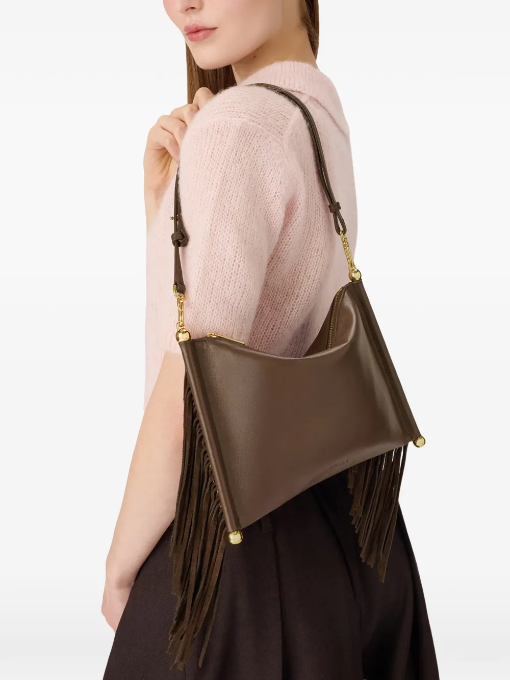 Furla XL suède schoudertas met franje Bruin