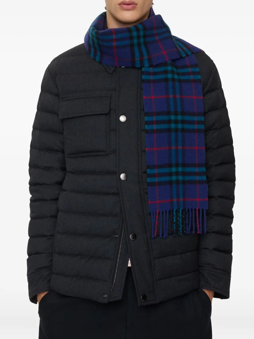 Burberry Checked Fringed Scarf In Blue