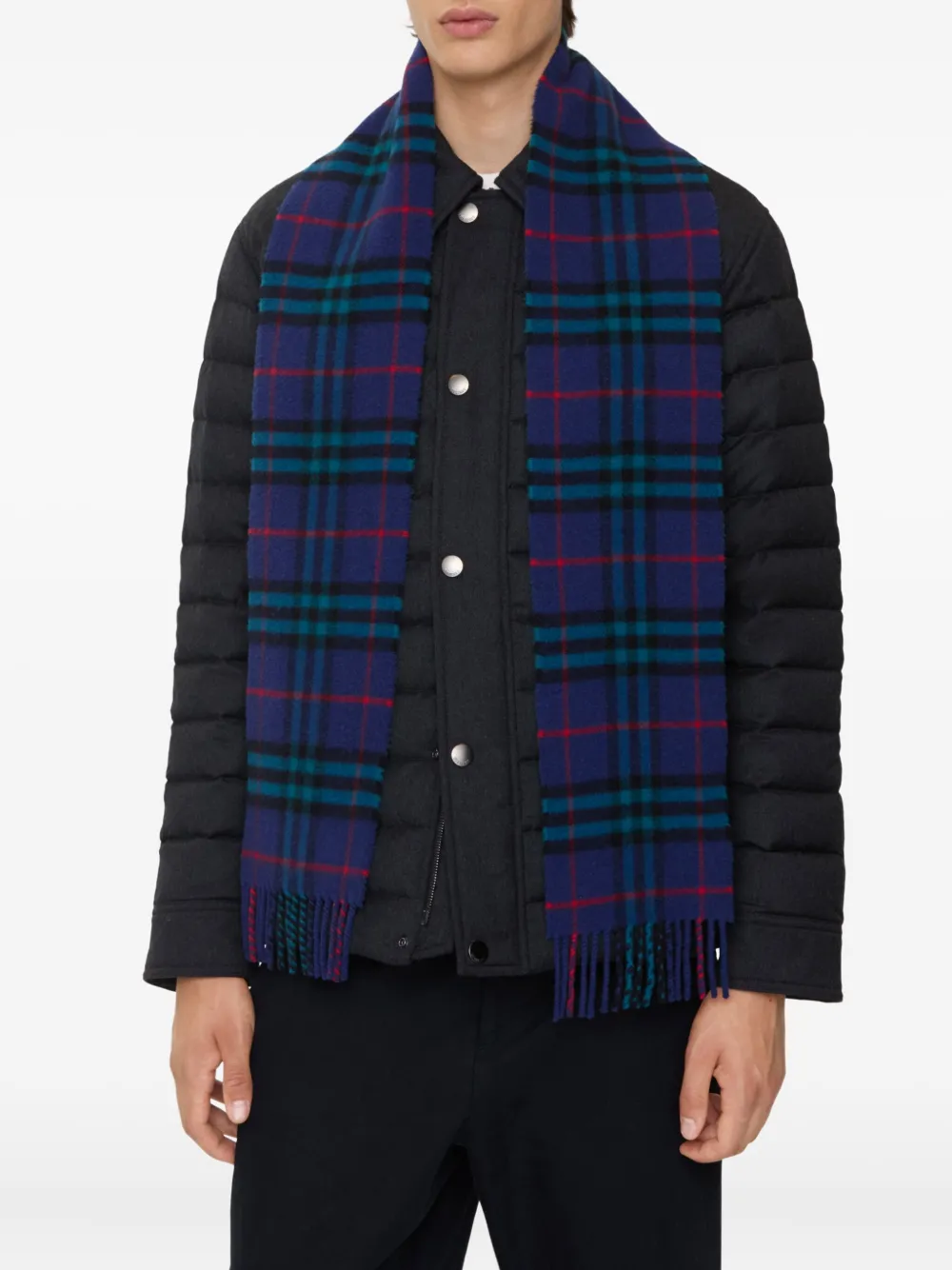 Burberry Checked Fringed Scarf In Blue