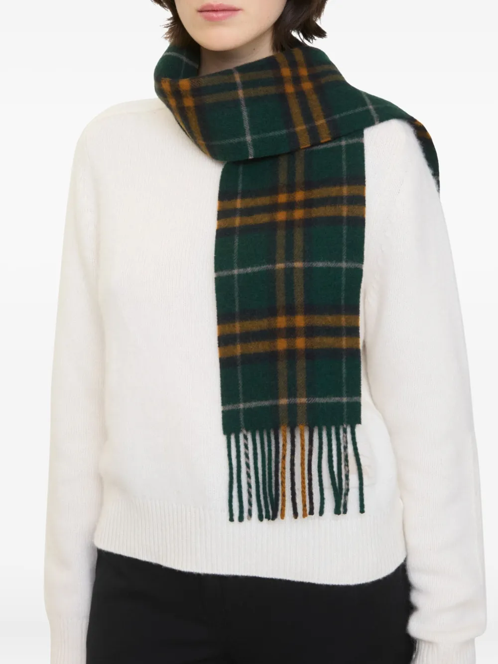 Burberry Check-pattern Fringed Cashmere Scarf In Green
