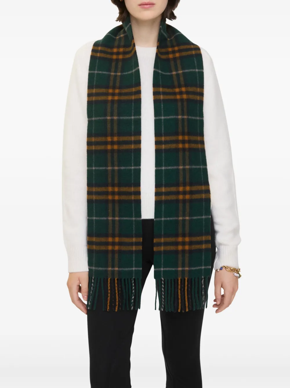 Burberry Check-pattern Fringed Cashmere Scarf In Green