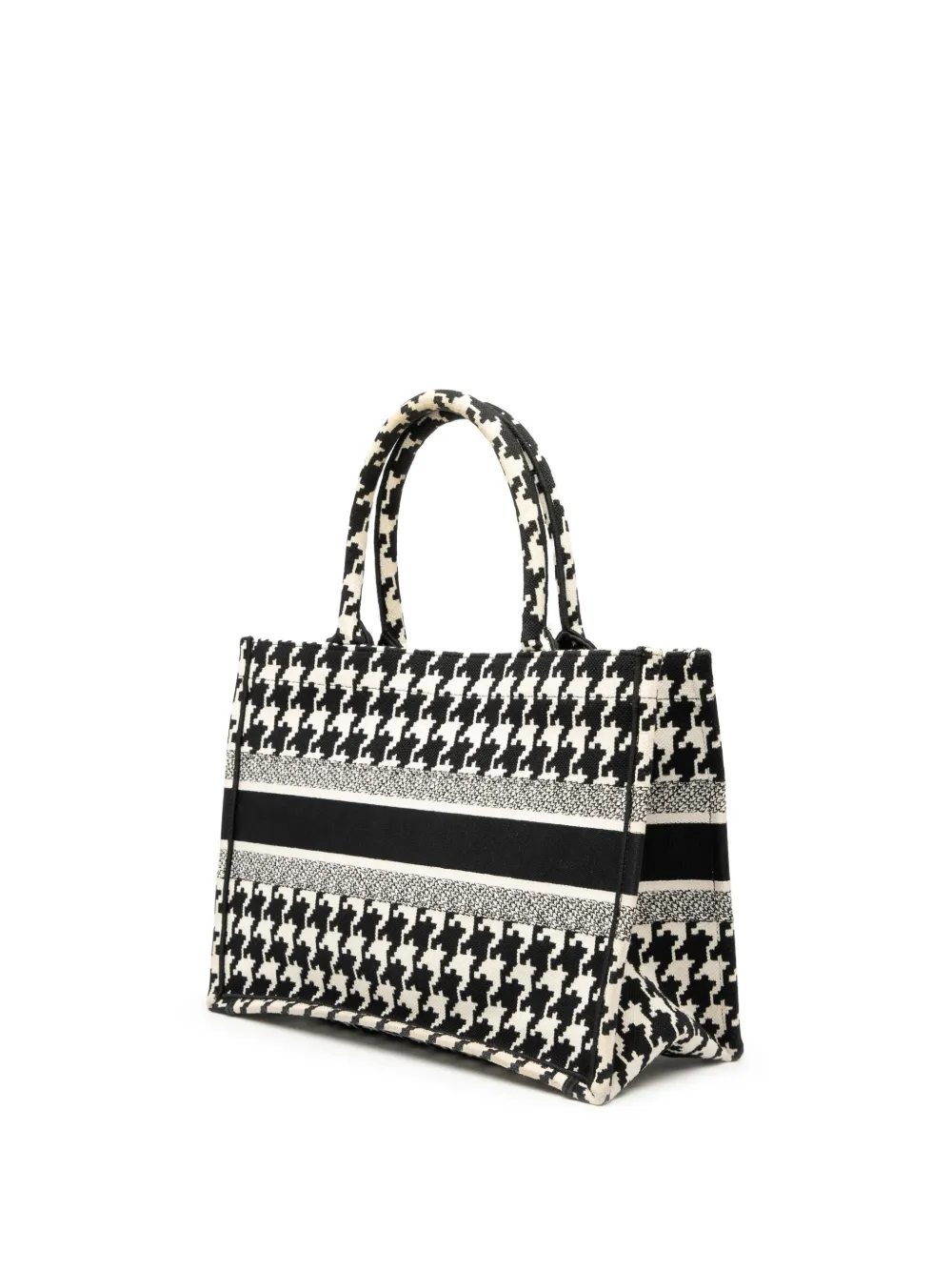 DIOR Pre-owned 2021 Medium Canvas Houndstooth Embroidered Book Tote Bag In Black