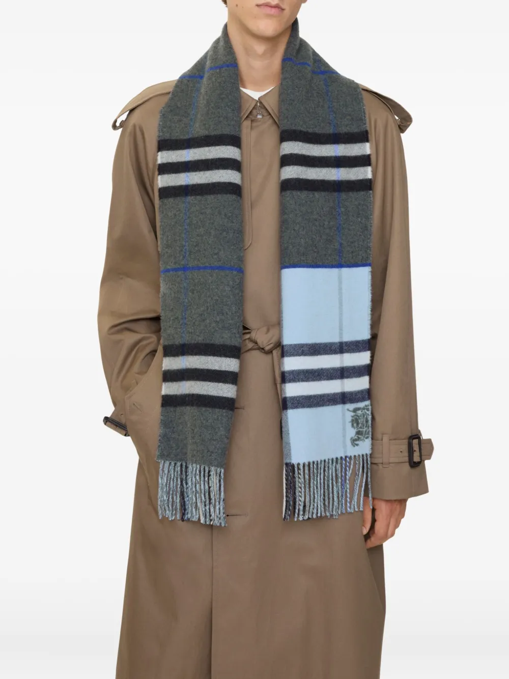 Burberry Checked Fringed Scarf In Gray