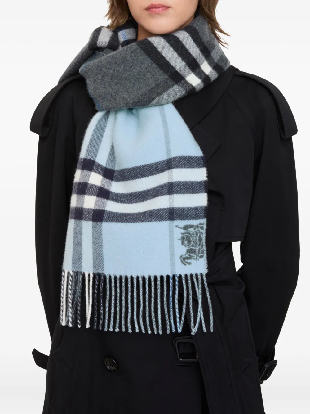 Burberry Checked Fringed Scarf In Gray
