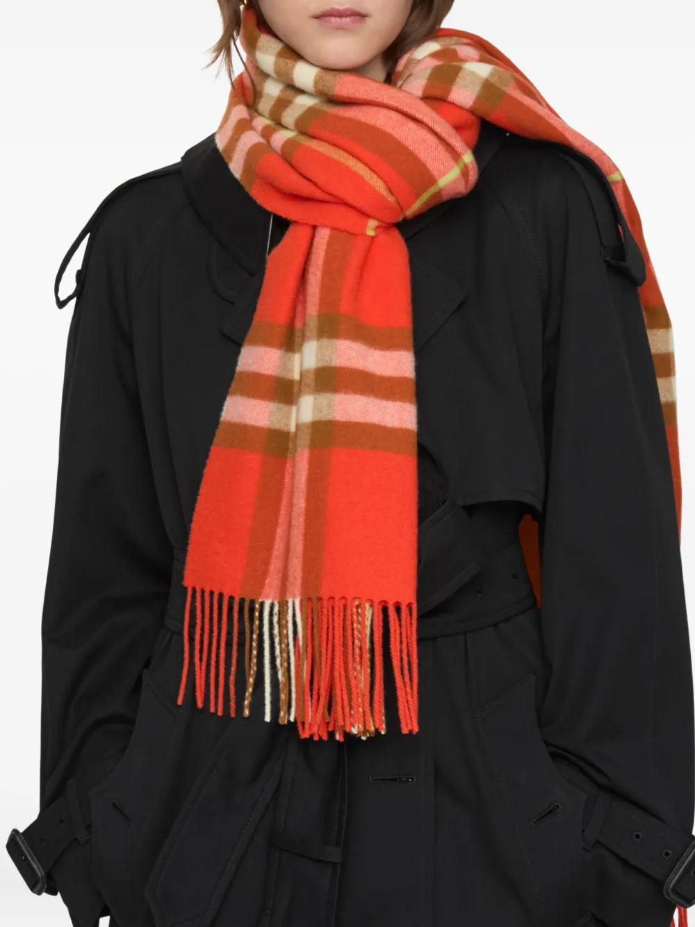 Burberry Check-pattern Fringed Cashmere Scarf In Orange