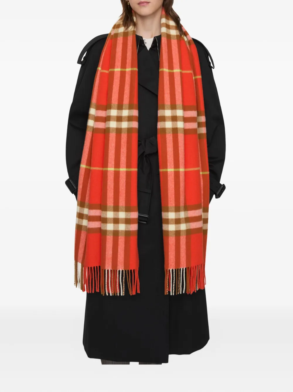 Burberry Check-pattern Fringed Cashmere Scarf In Orange