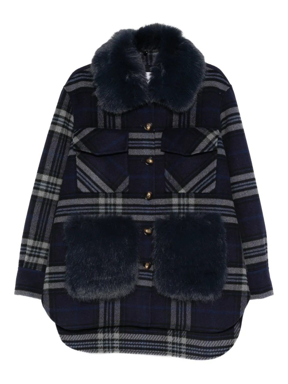 Ava Adore Faux-fur-trim Plaid Coat In Blue