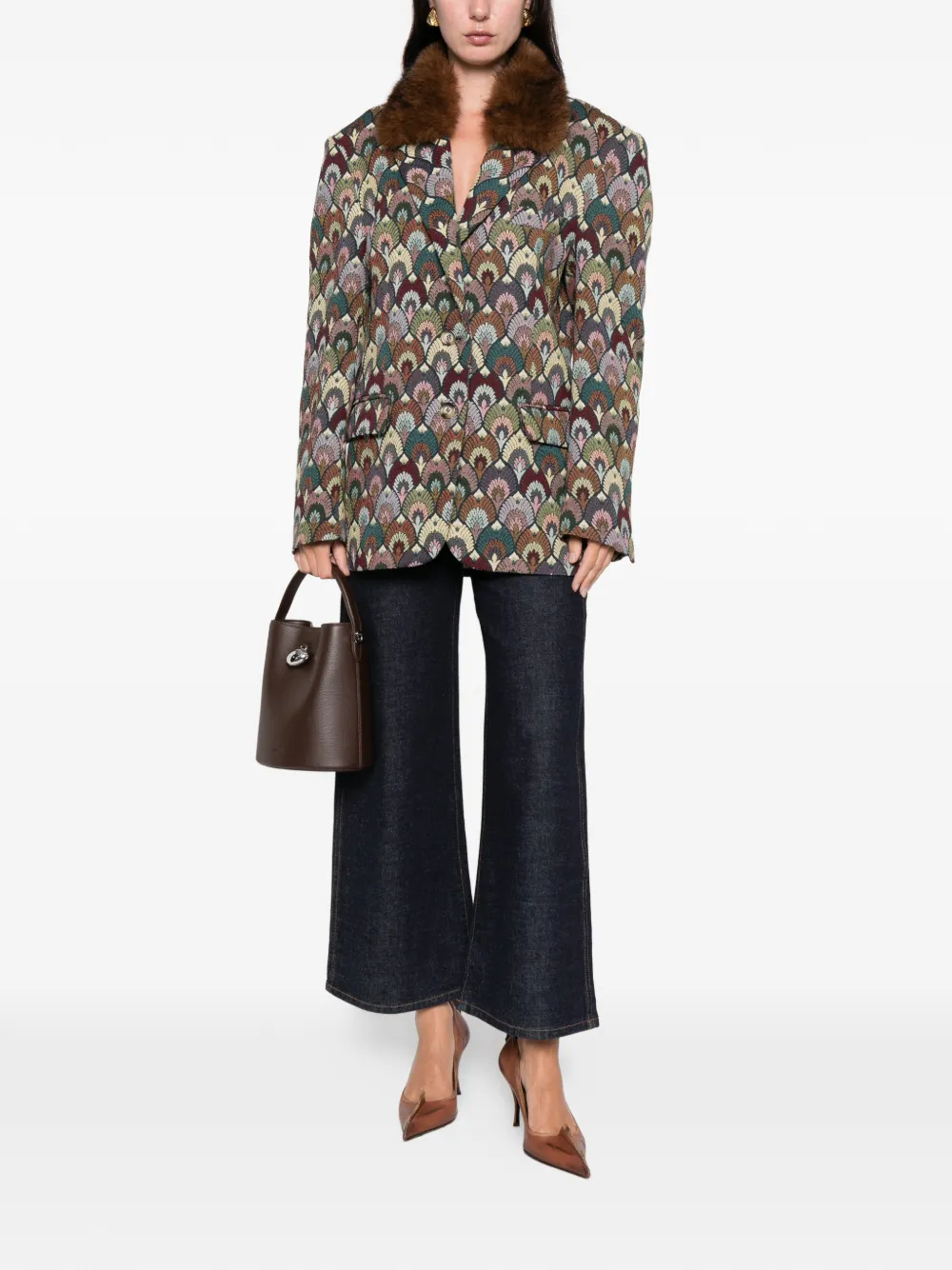 Ava Adore Faux-fur-collar Patterned Coat In Gray