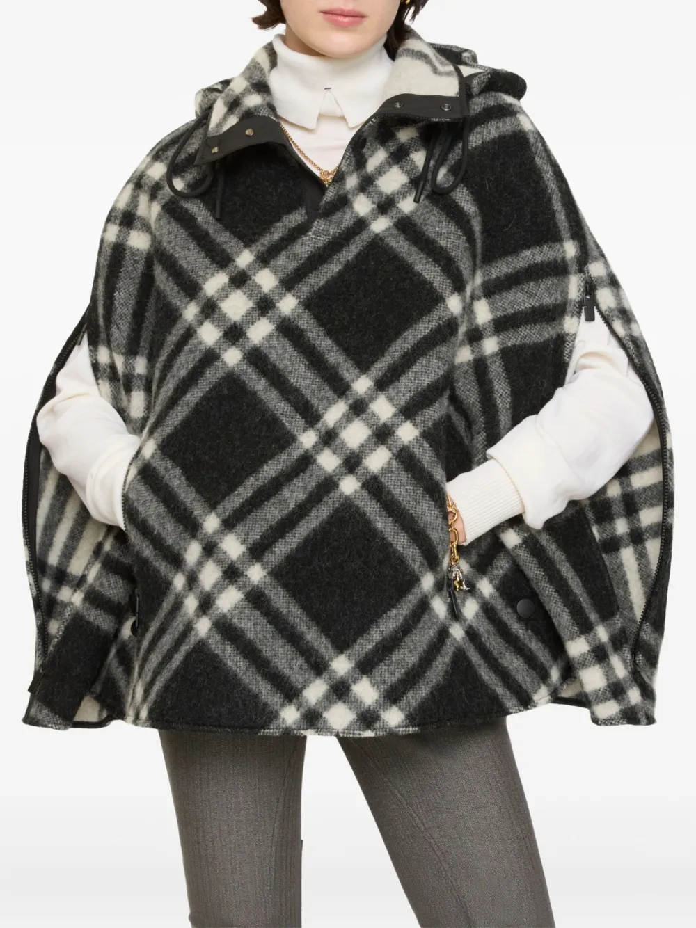  Burberry Check Hooded Wool Poncho - Black 