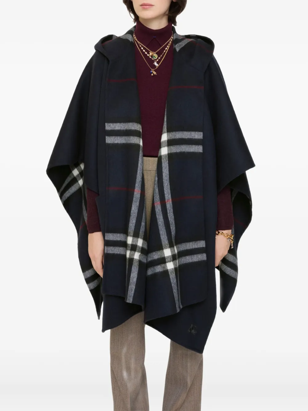Burberry Hooded Checked Cape In Blue