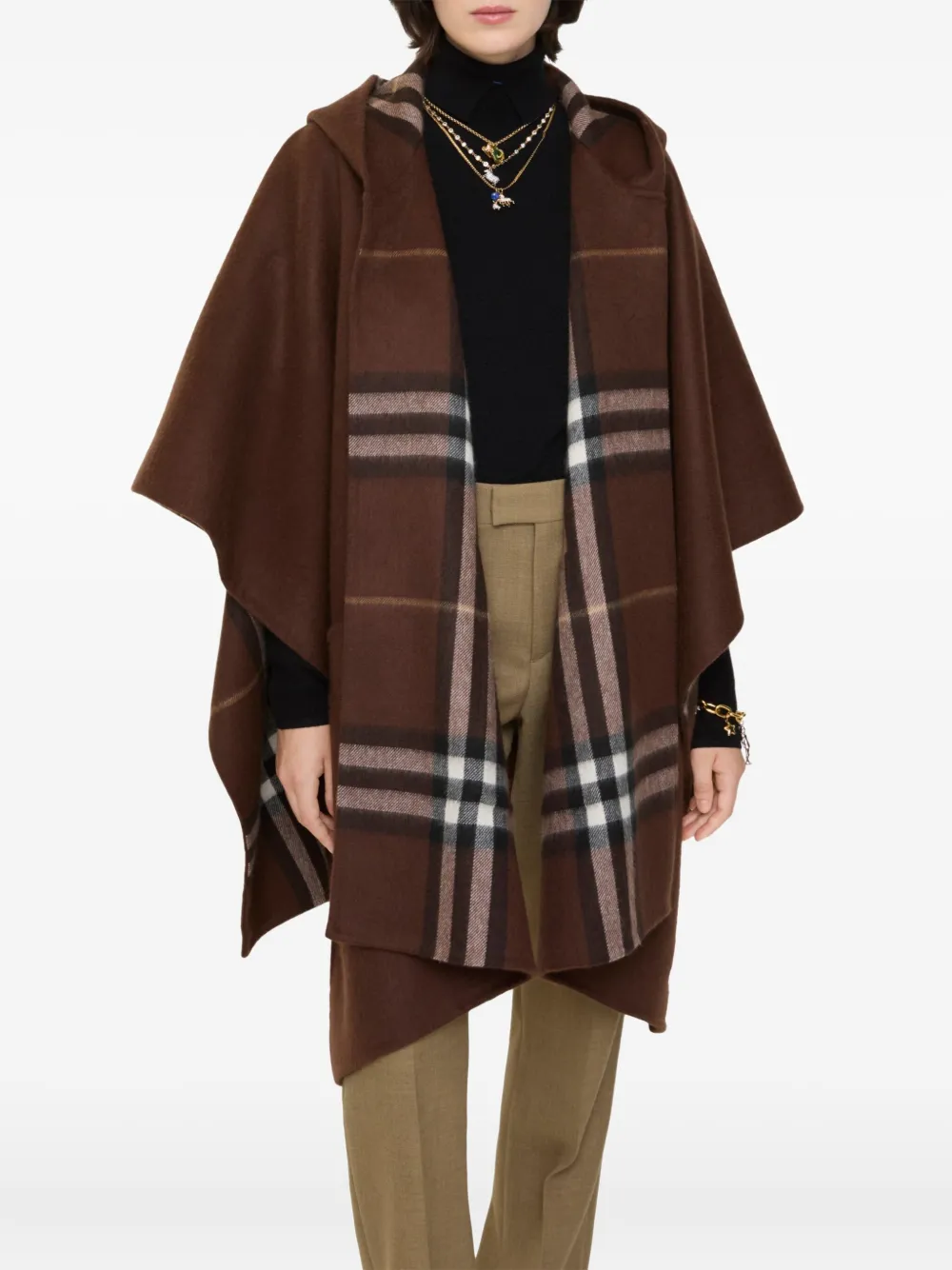 Burberry Hooded Checked Cape In Brown