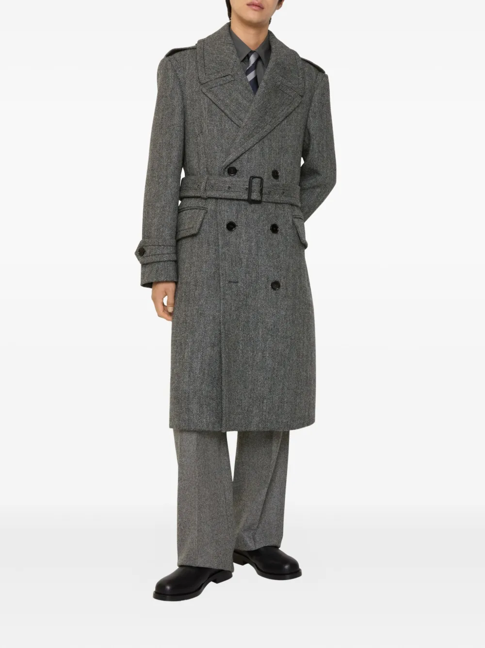 Burberry Wollen trenchcoat met visgraatpatroon en ceintuur Grijs