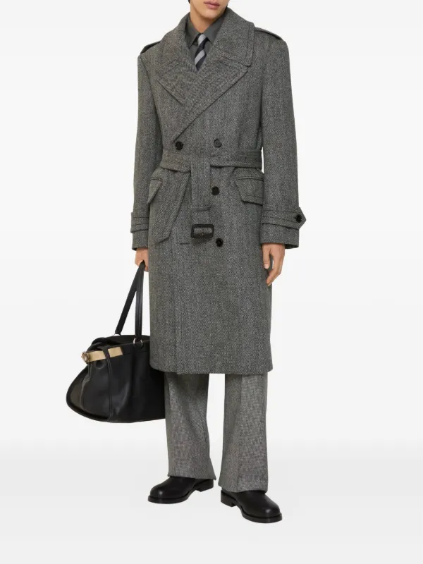 Burberry Long Herringbone Wool Trench Coat | Grey | FARFETCH