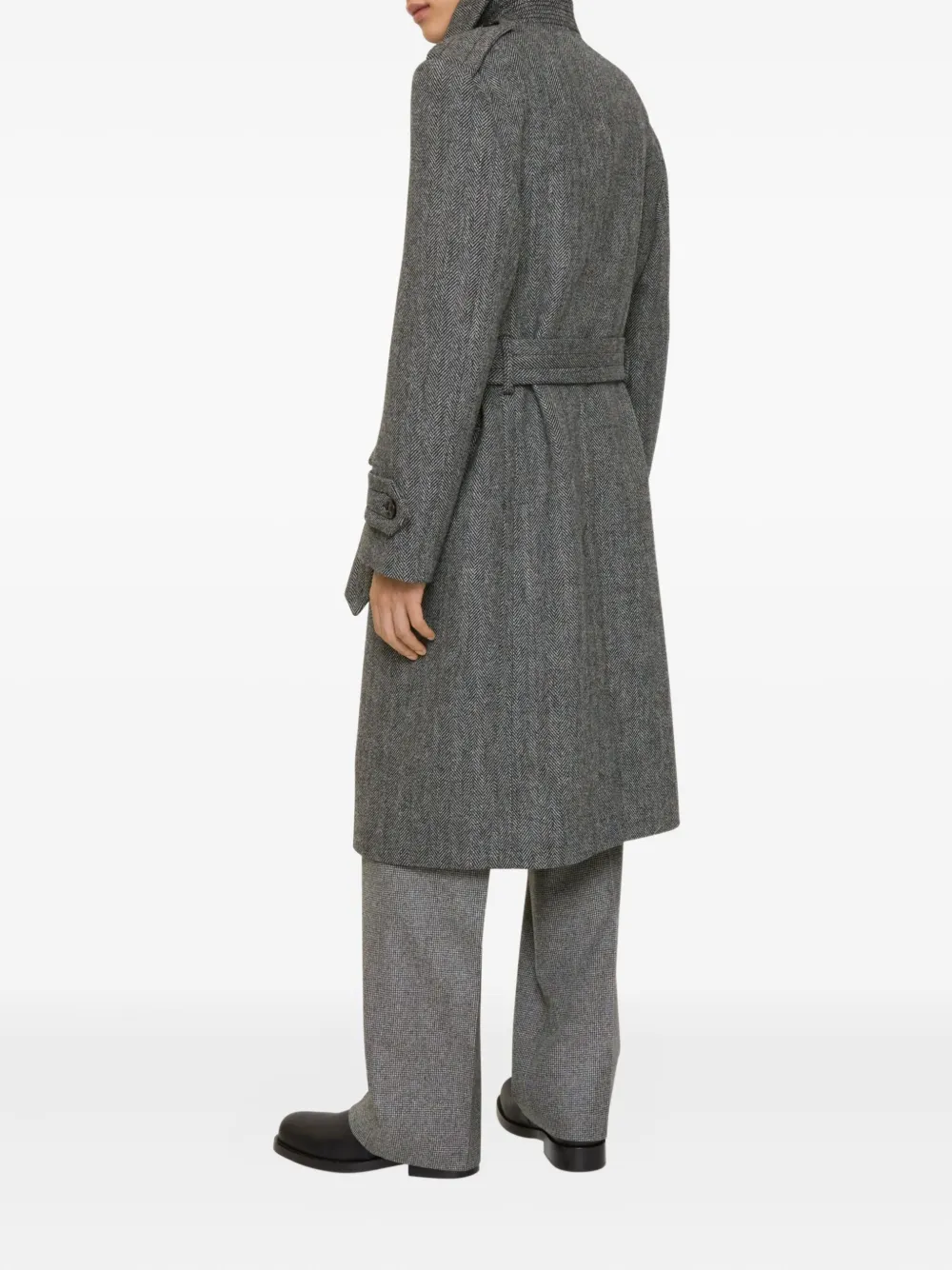 Burberry Wollen trenchcoat met visgraatpatroon en ceintuur Grijs