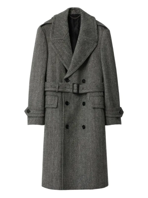 Burberry Long Herringbone Wool Trench Coat | Grey | FARFETCH