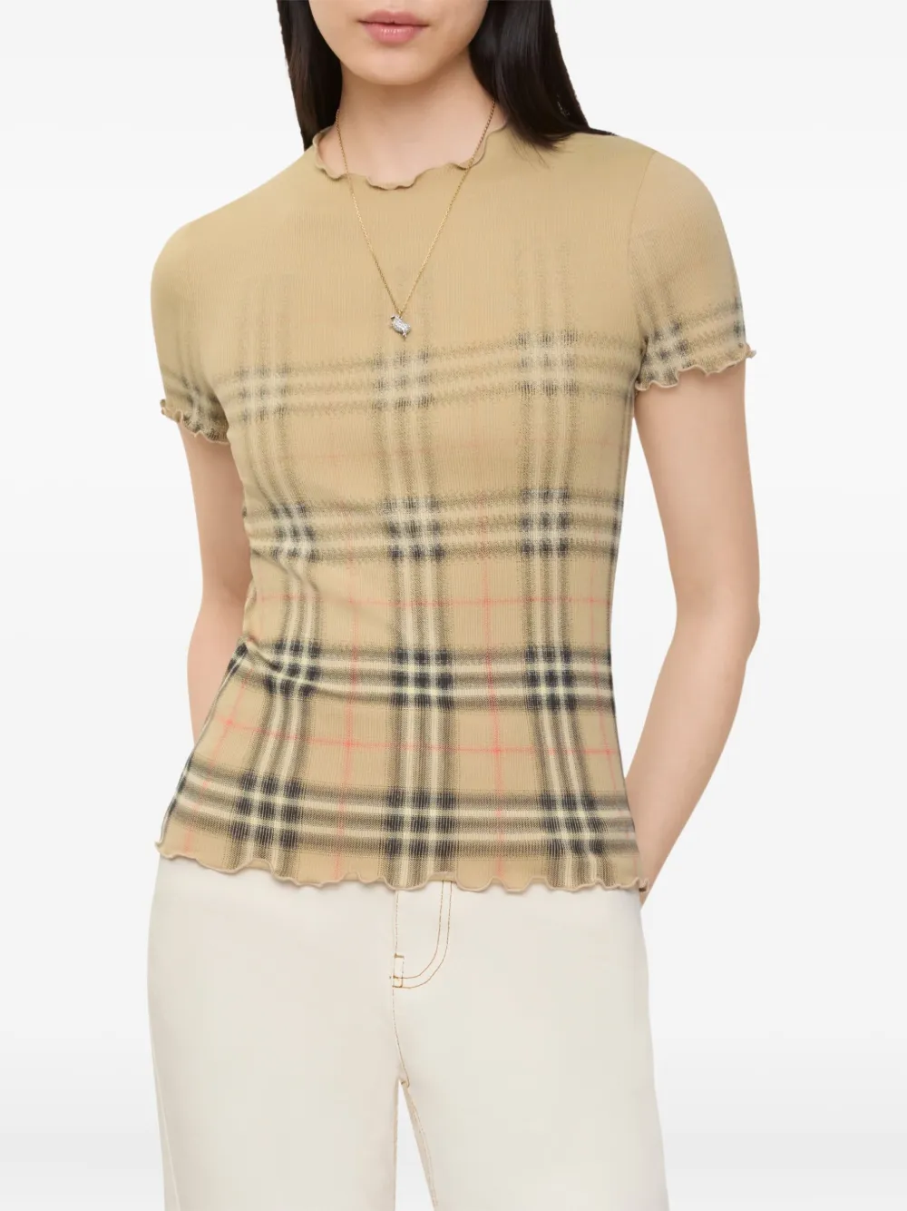 Burberry T-shirt met ruches en geruit patroon Beige