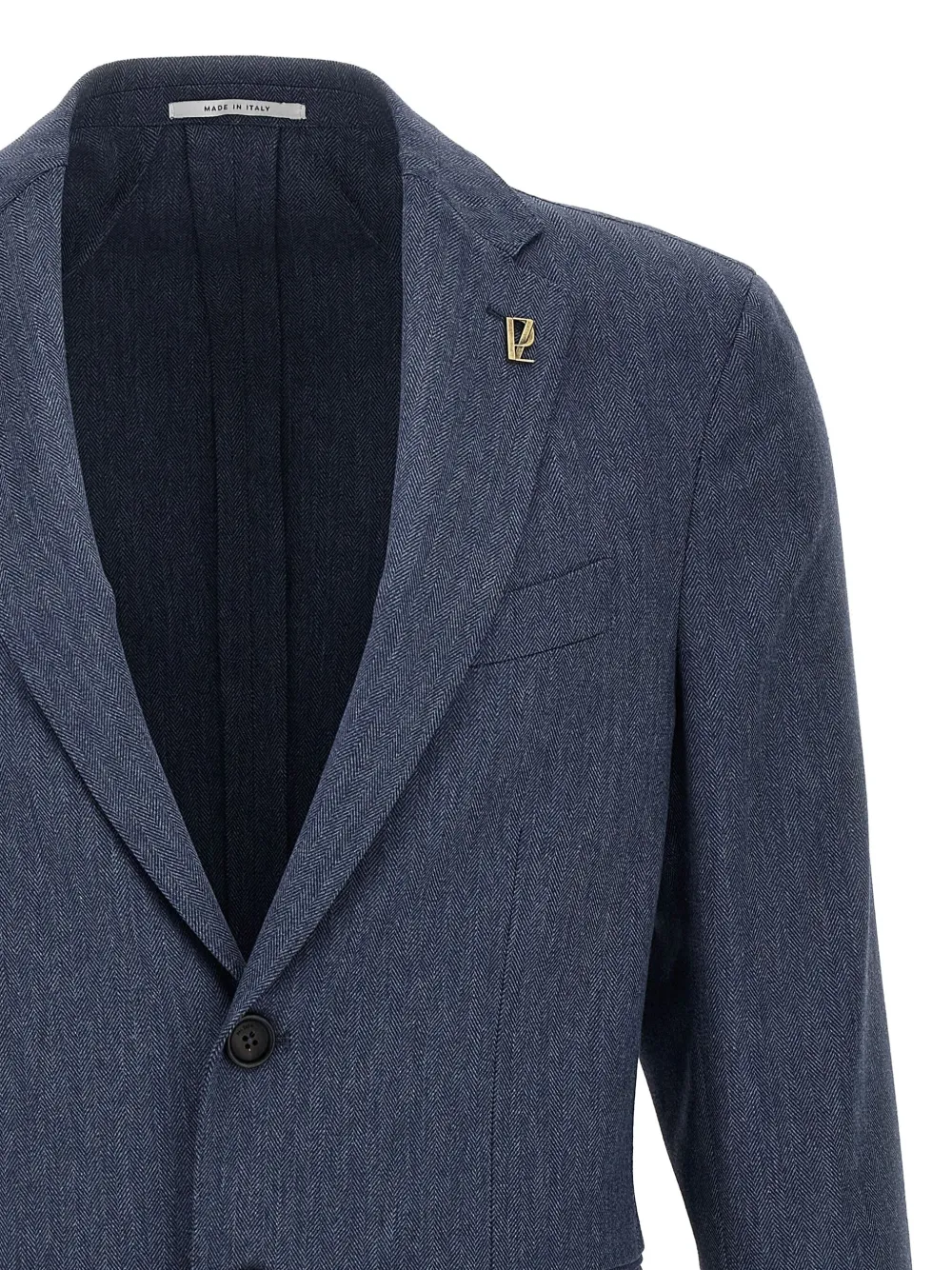 Pal Zileri Brera Brooch-detail Herringbone-pattern Blazer In Blue