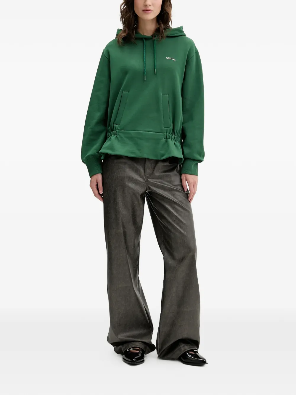 Stine Goya Hoodie met trekkoordsluiting en ruches - Groen