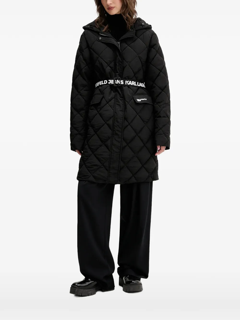 Karl Lagerfeld Jeans Hooded Quilted Coat In Black