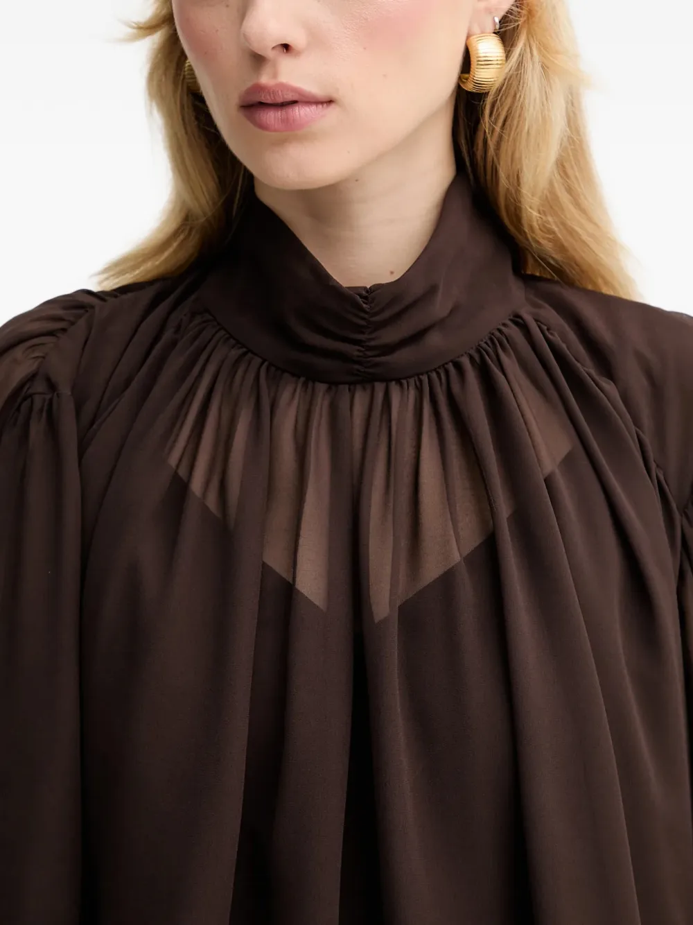 Gestuz Gzmio blouse met ruches en hoge hals Bruin
