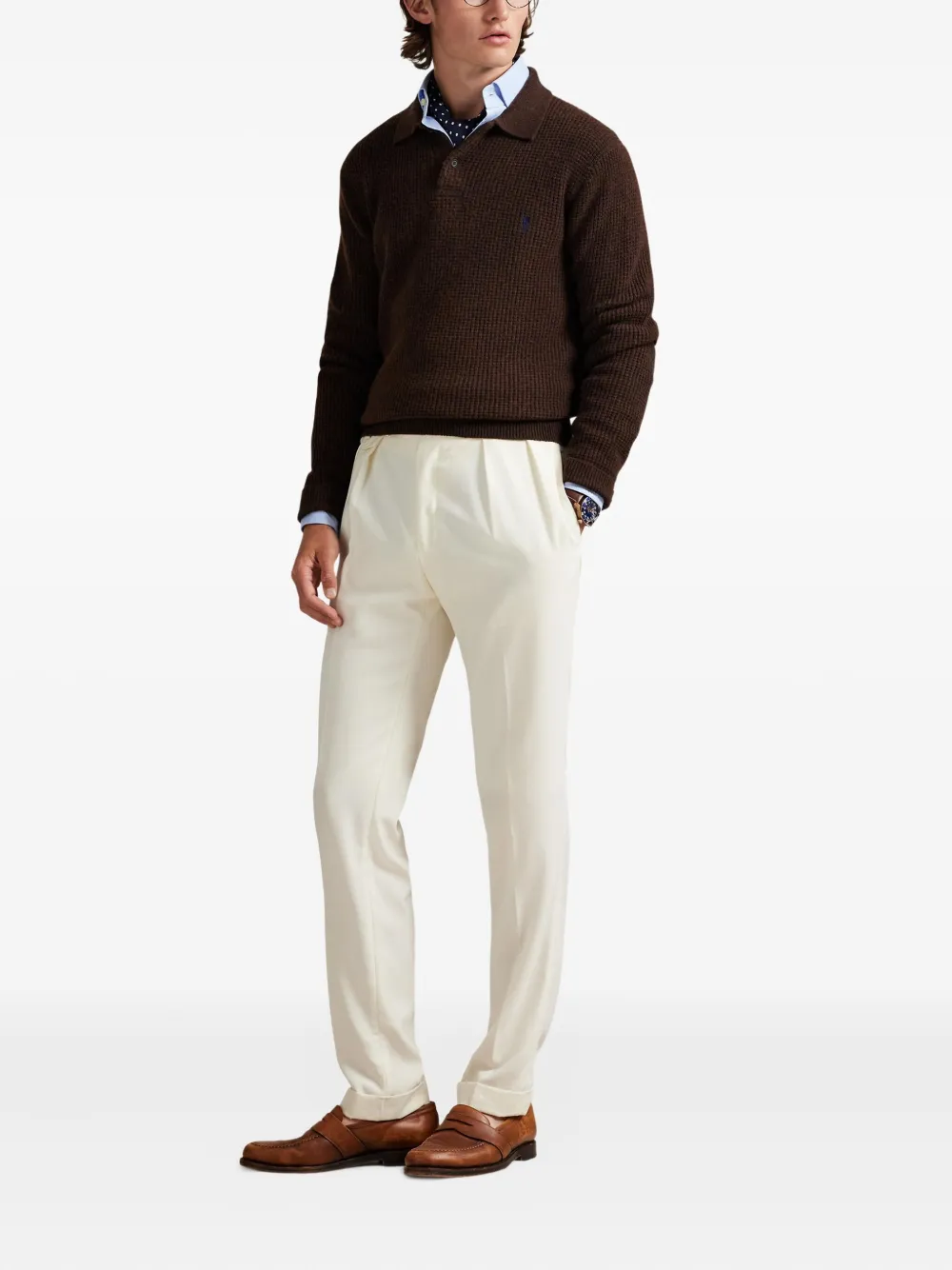 Polo Ralph Lauren Trui met wafelpatroon en polokraag - Bruin