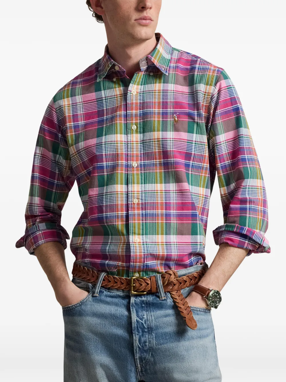 plaid-pattern embroidered-logo shirt