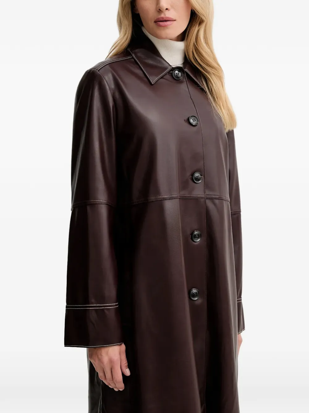  Ps Paul Smith Stitching Buttoned Leather Coat - Brown 
