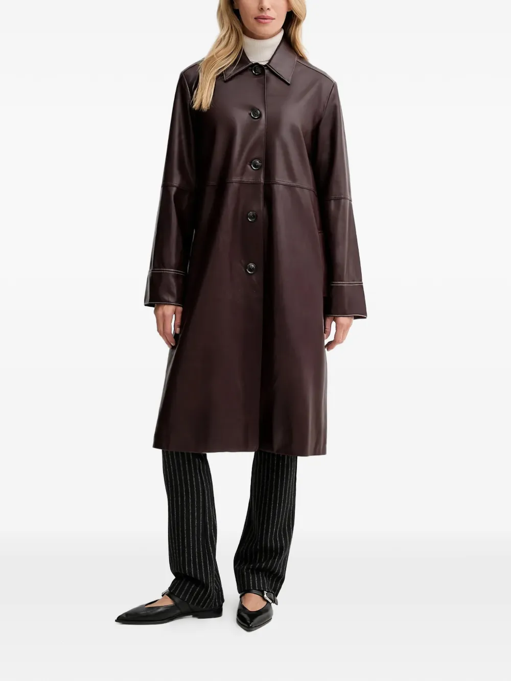 PS Paul Smith stitching buttoned leather coat - Marrone