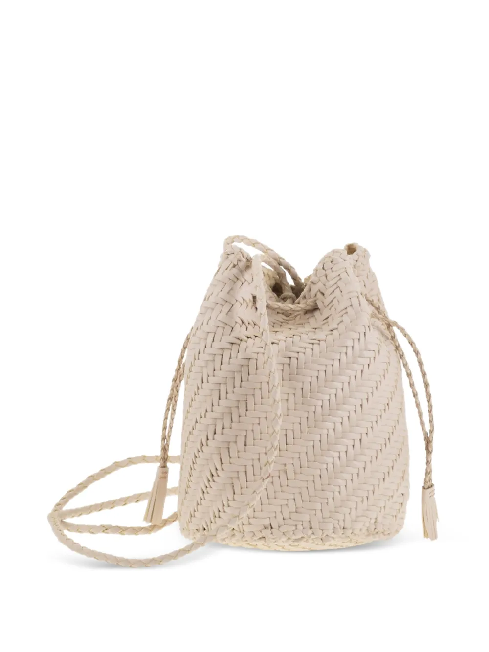 Dragon Pompom Double Jump Woven Leather Bucket Bag In Neutral