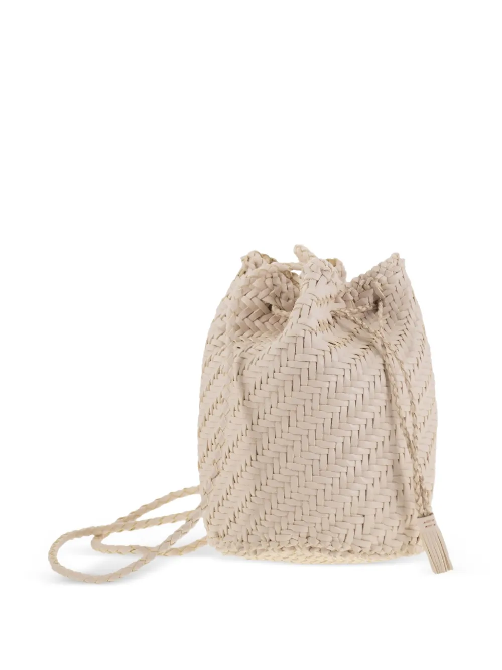Dragon Pompom Double Jump Woven Leather Bucket Bag In Neutral