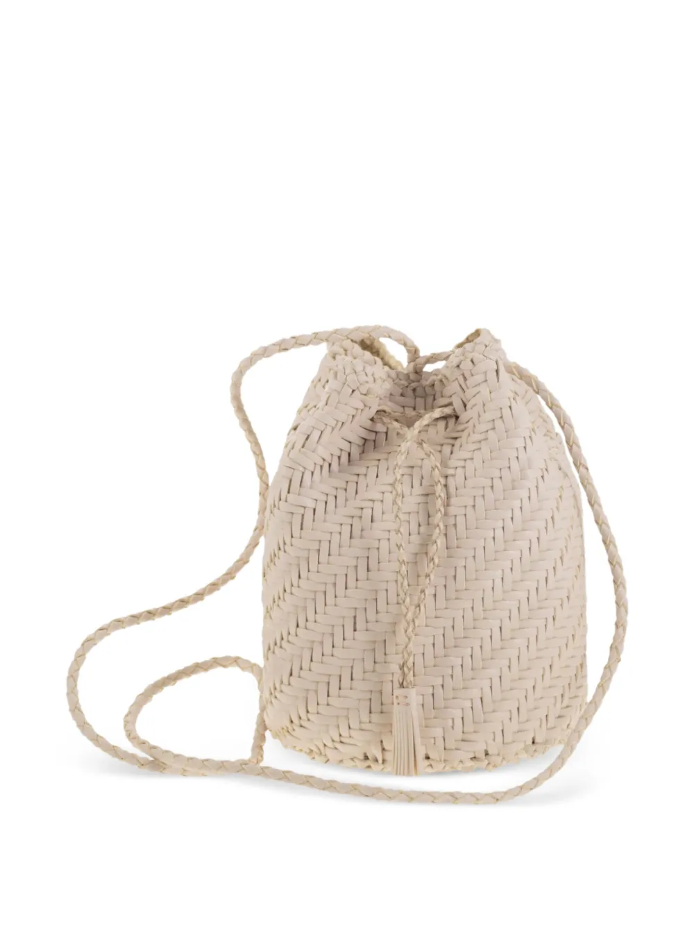 Dragon Pompom Double Jump Woven Leather Bucket Bag In Neutral