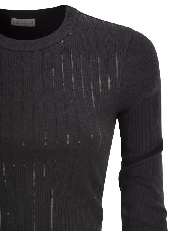 s*a様 美品 Brunello Cucinelli スパンコール付きダークグレ Brunello Cucinelli スパンコールストライプ Tシャツ | グレー