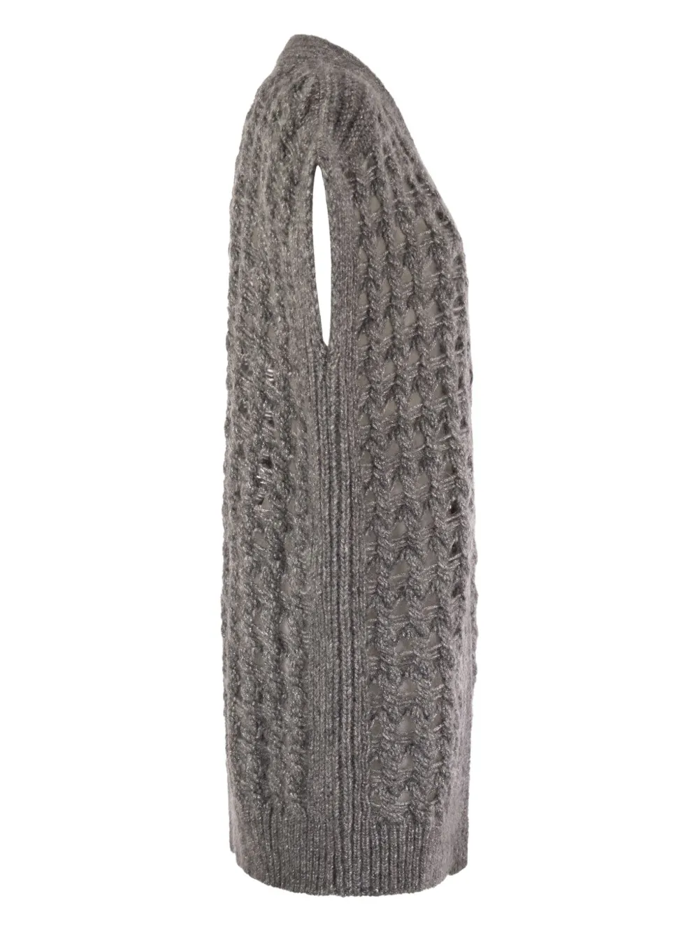 Herno Long Openwork Cardigan With V-neck And Ribbed Edges In Gray