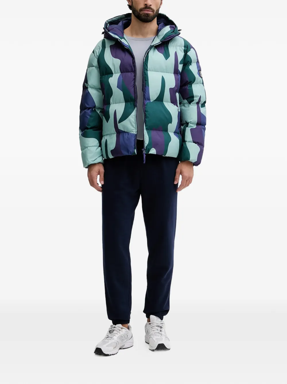 Ea7 Iridescent Nylon Padded Jacket With Hood In Blue