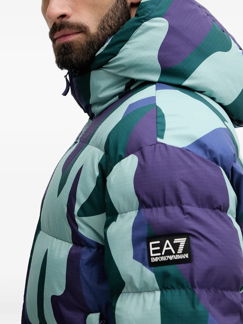 Ea7 Iridescent Nylon Padded Jacket With Hood In Blue