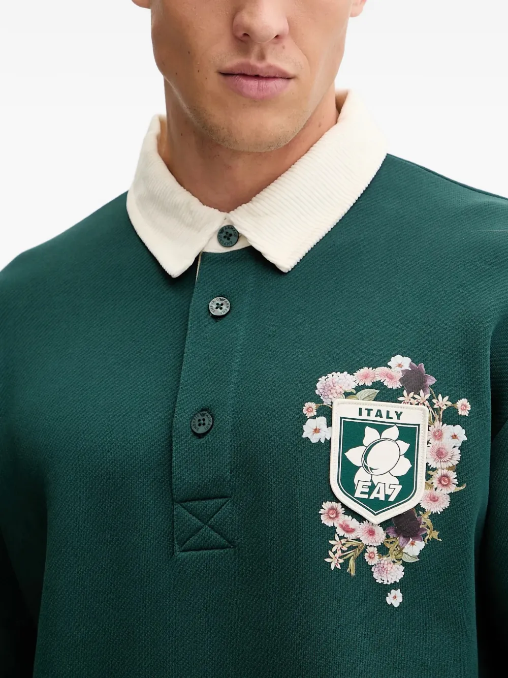 Ea7 Floral-print Elbow-patch Polo Shirt In Green