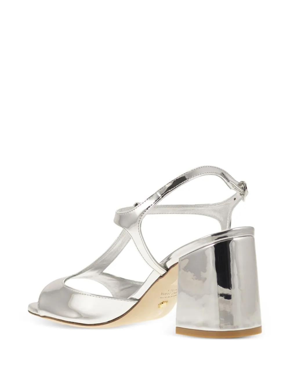 Stuart Weitzman 85 mm Flareblock sandalen met spiegelend effect Zilver
