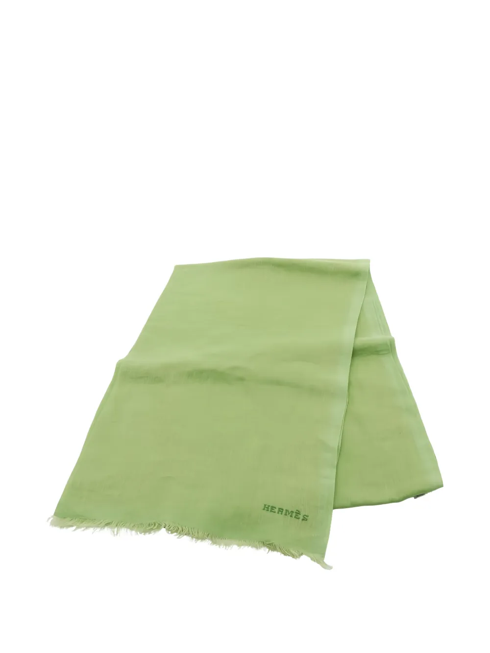 Pre-owned Hermes 20s Logo-embroidered Fringed Scarf In Green