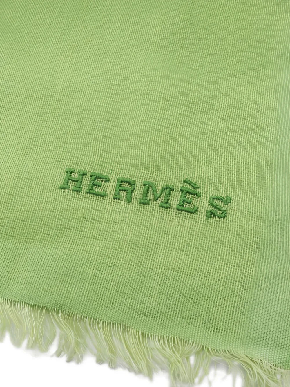 Pre-owned Hermes 20s Logo-embroidered Fringed Scarf In Green