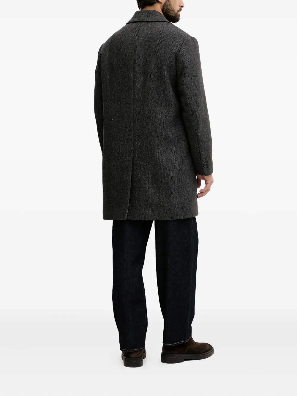 Benetton Button Herringbone Coat In Black