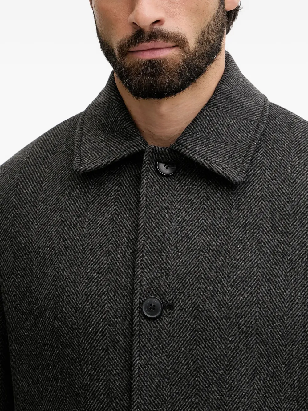 Benetton Button Herringbone Coat In Black