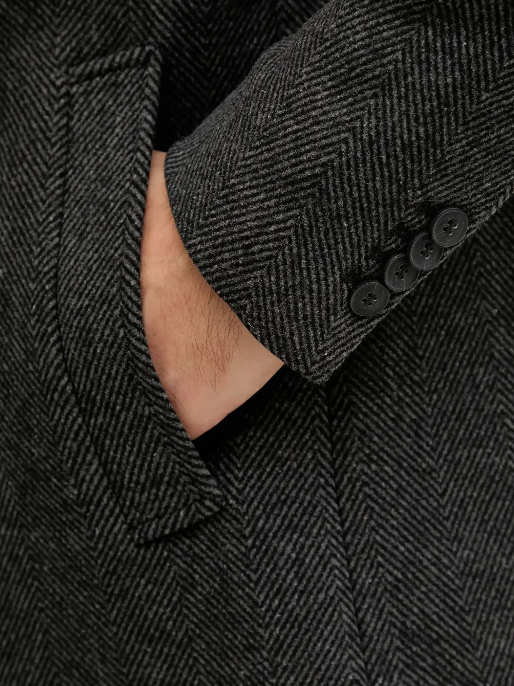 Benetton Button Herringbone Coat In Black