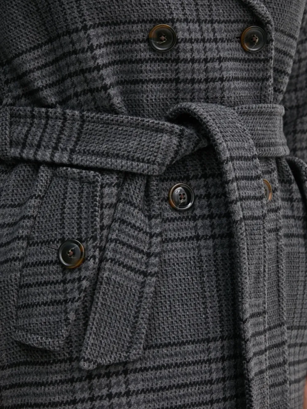 Benetton Belted Check Coat In Gray